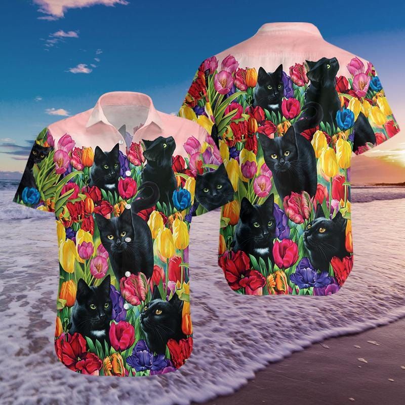 Felacia [Hawaii Shirt] Black Cat Dream And Tulip Garden Hawaiian Shirt #220221l-ZX2319